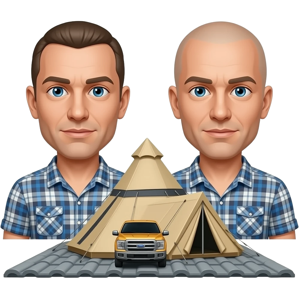 Roof top tent on a F150 with 2 gay bald guys in plaid shirts emoji