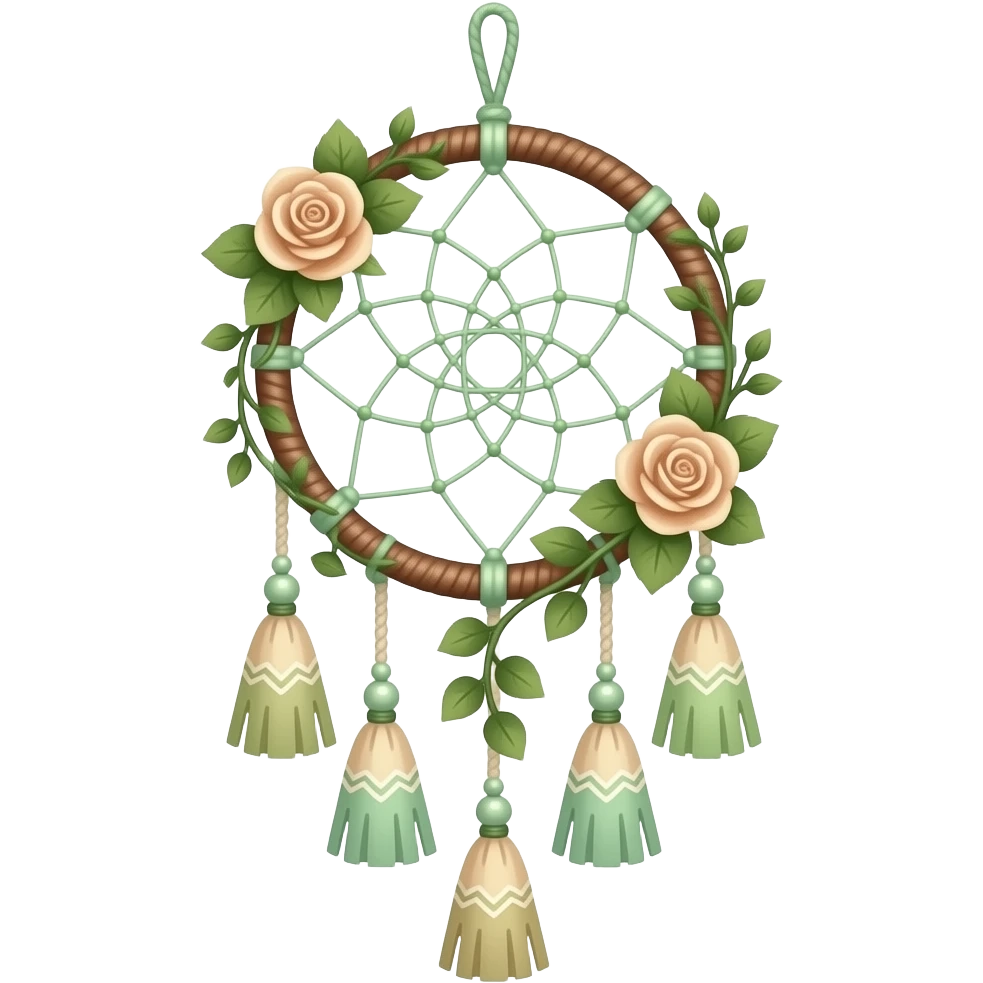 Hippie-like Cute dainty neat Pastel Green-white-brownish-beige-gradients thread-rope-hanging dreamcatcher, pastel colors, whitish, light, green academia aesthetic, mossy, with green vines and beige roses, Cottagecore, Princesscore, shiny glistening, vintage, tassels emoji