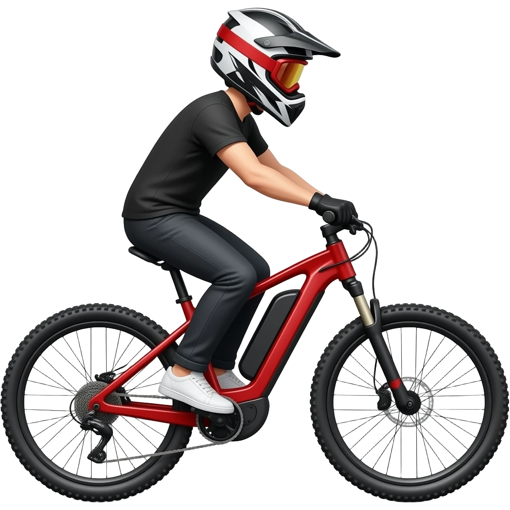 A powerful ebike that has a red frame and no pedals with a guy riding it with white shoes black pants black t shirt black gloves and a dirtbike helmet with red googles emoji