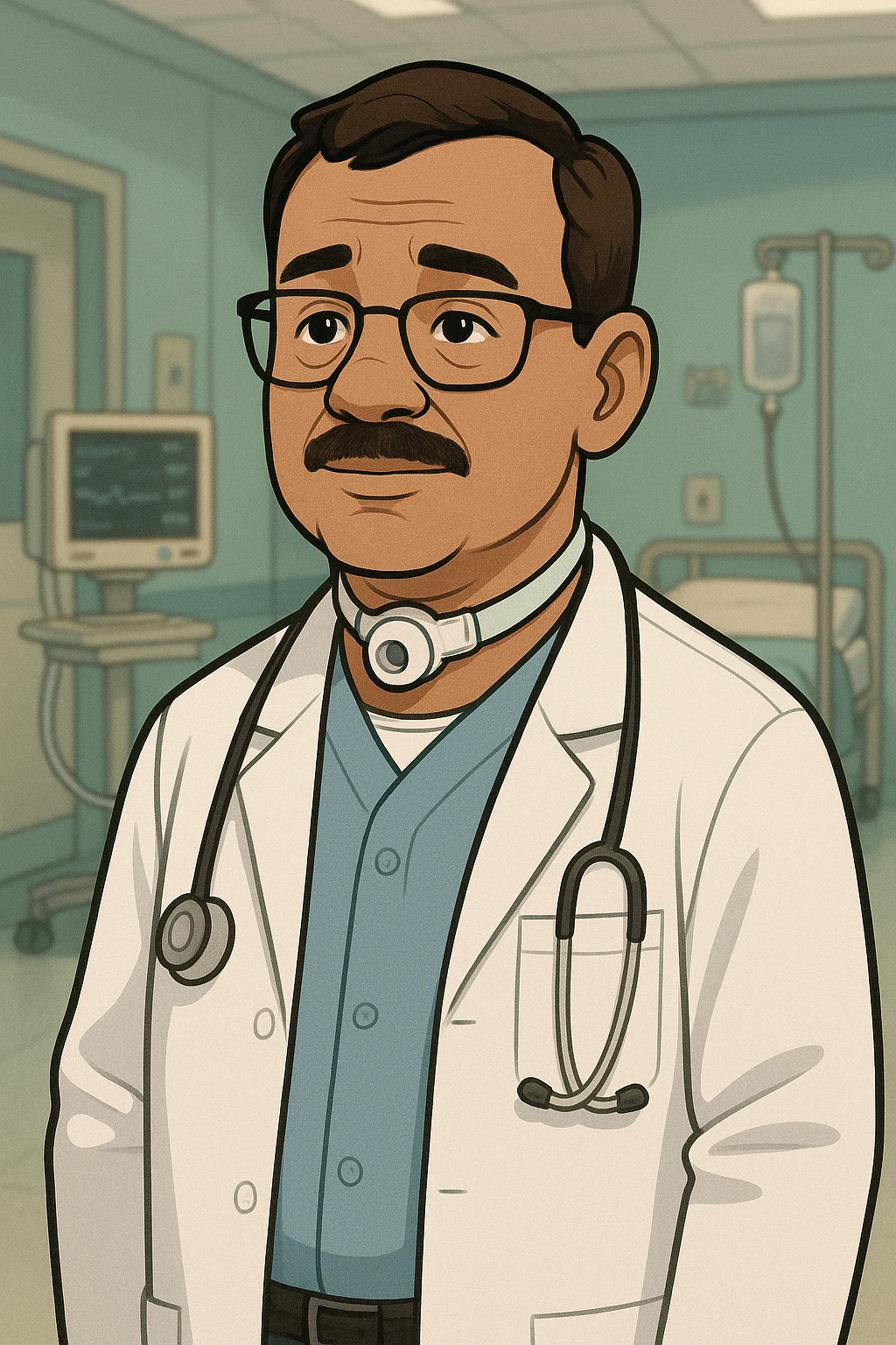 medical professional with tracheotomy tube, white coat, hospital setting, realistic cartoon style emoji