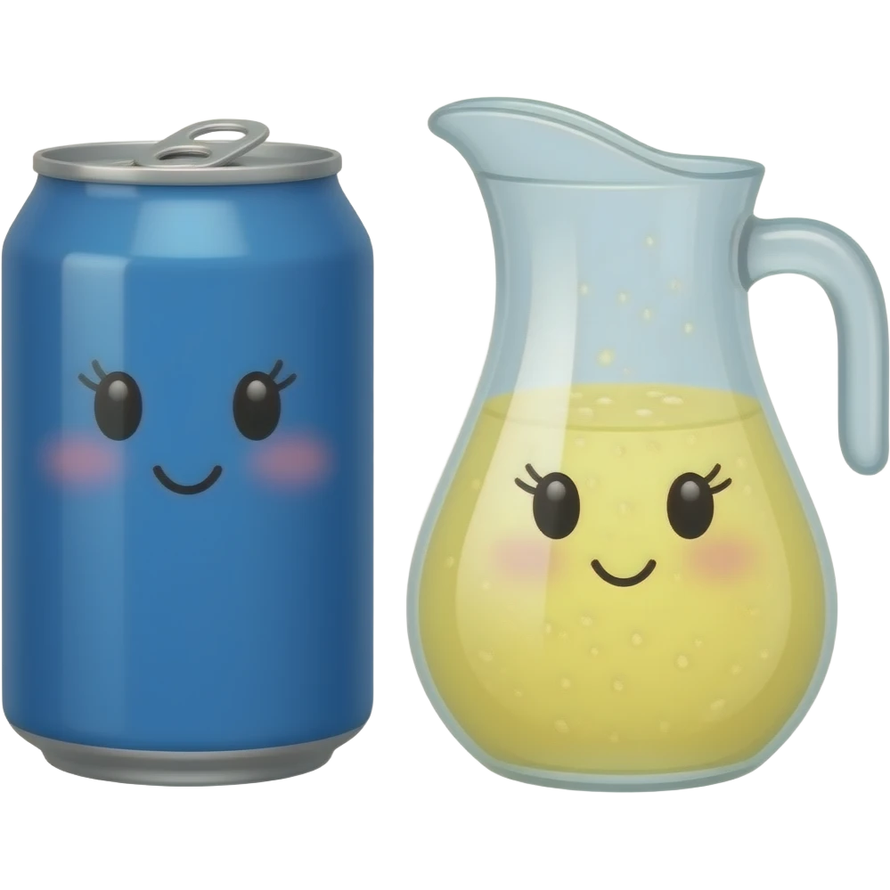 A plain blue soda can with a cute face without eyelashes and a wide pitcher of lemonade with a cute face with eyelashes emoji