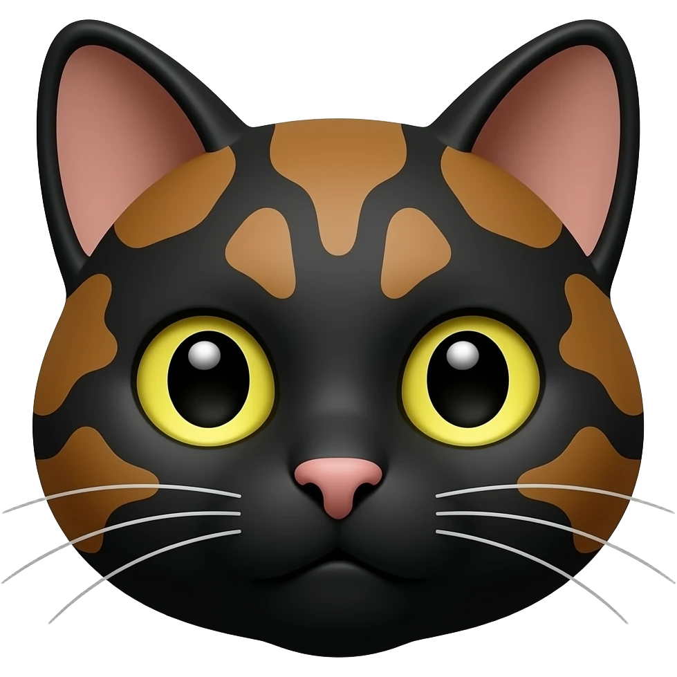 A black base tortoise shell brown  colored cat face emoji looking like a eager professor. emoji