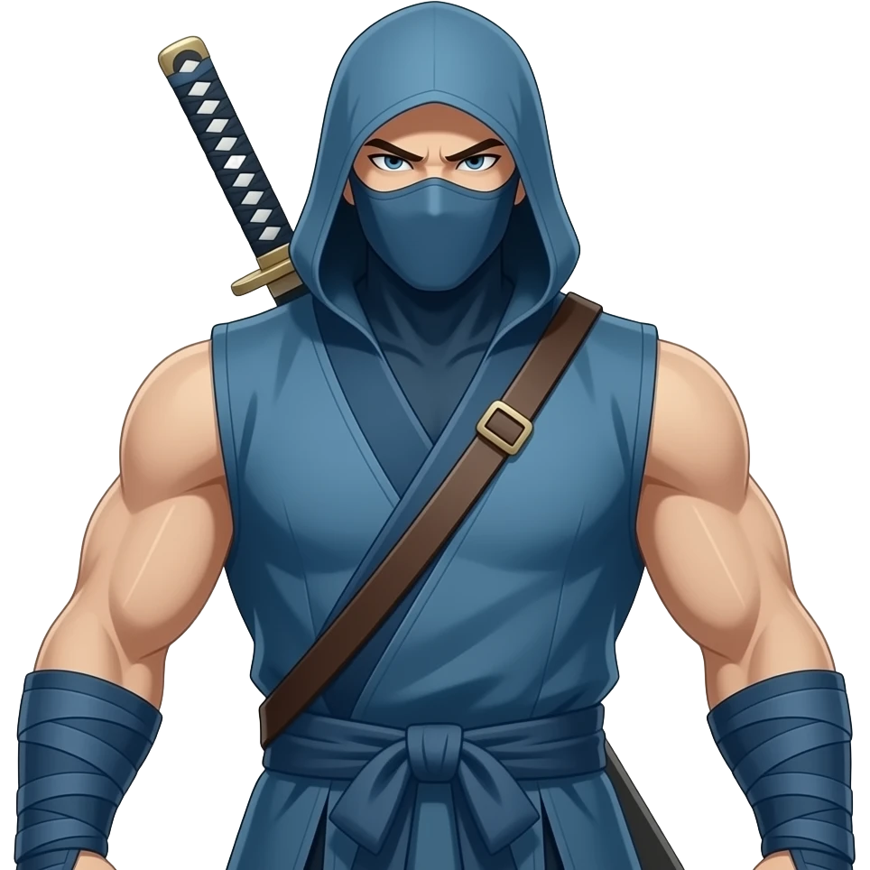 Anime Ninja all dark cyan with hood sleeveless cyan masks look superstrong and sword in back very tall full body emoji
