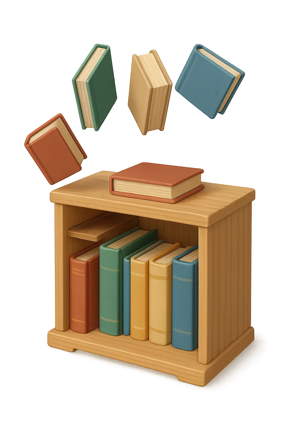 miniature bookshelf with floating books emoji