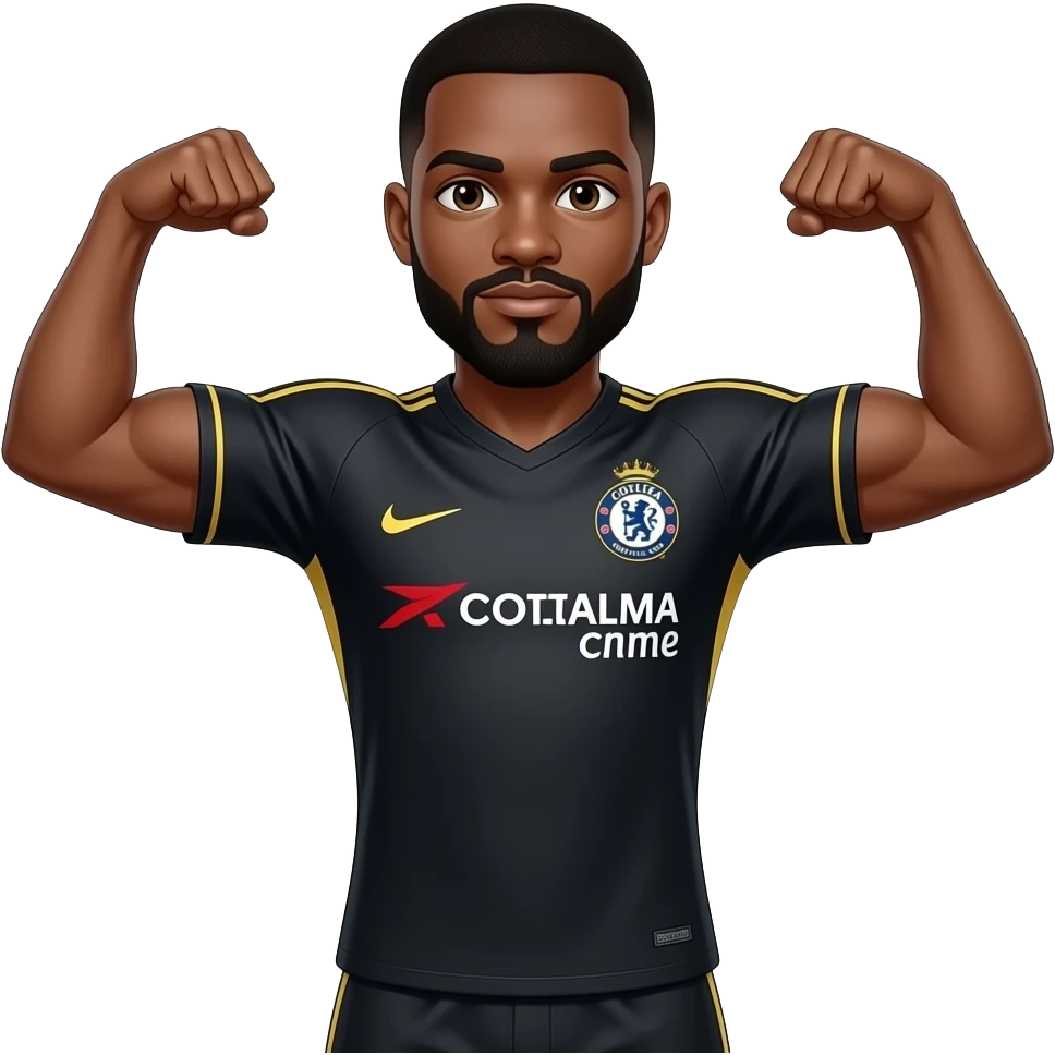 Black man with goatee double arm flex wearing Chelsea fc black jersey emoji