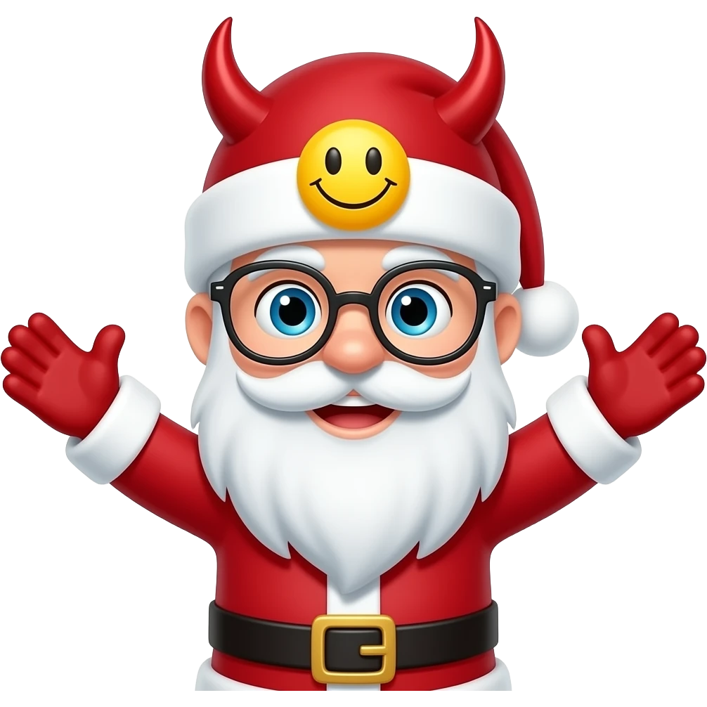 🧑‍🎄gloves blue eyes but with red devilshorns throughly the hat with yellow smiling face and open arms like that 🤗and without glasses a emoji