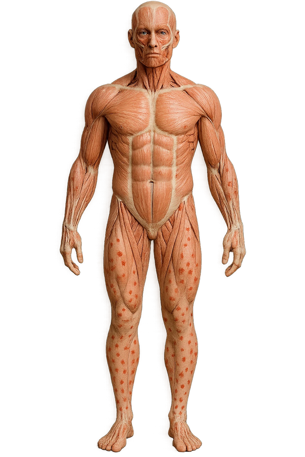 corpo umano anatomico a figura intera con red spot sparsi sulle gambe, iperrealistica in 3d emoji