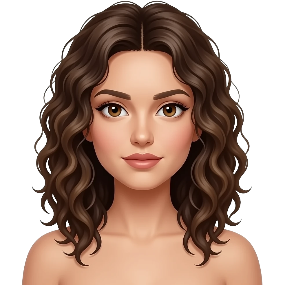 Sie hat eher starke so diese nassen und Schulter lang locken die man immer mit den fingern machen soll die fangen eher unten an und sind nicht so voluminös . Braune Augen. emoji