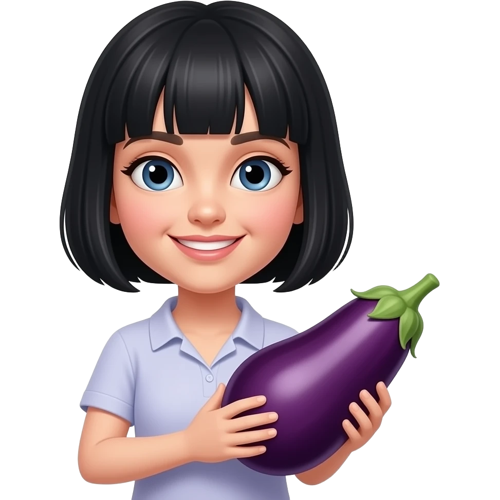 White girl Black bob haircut holding an aubergine emoji