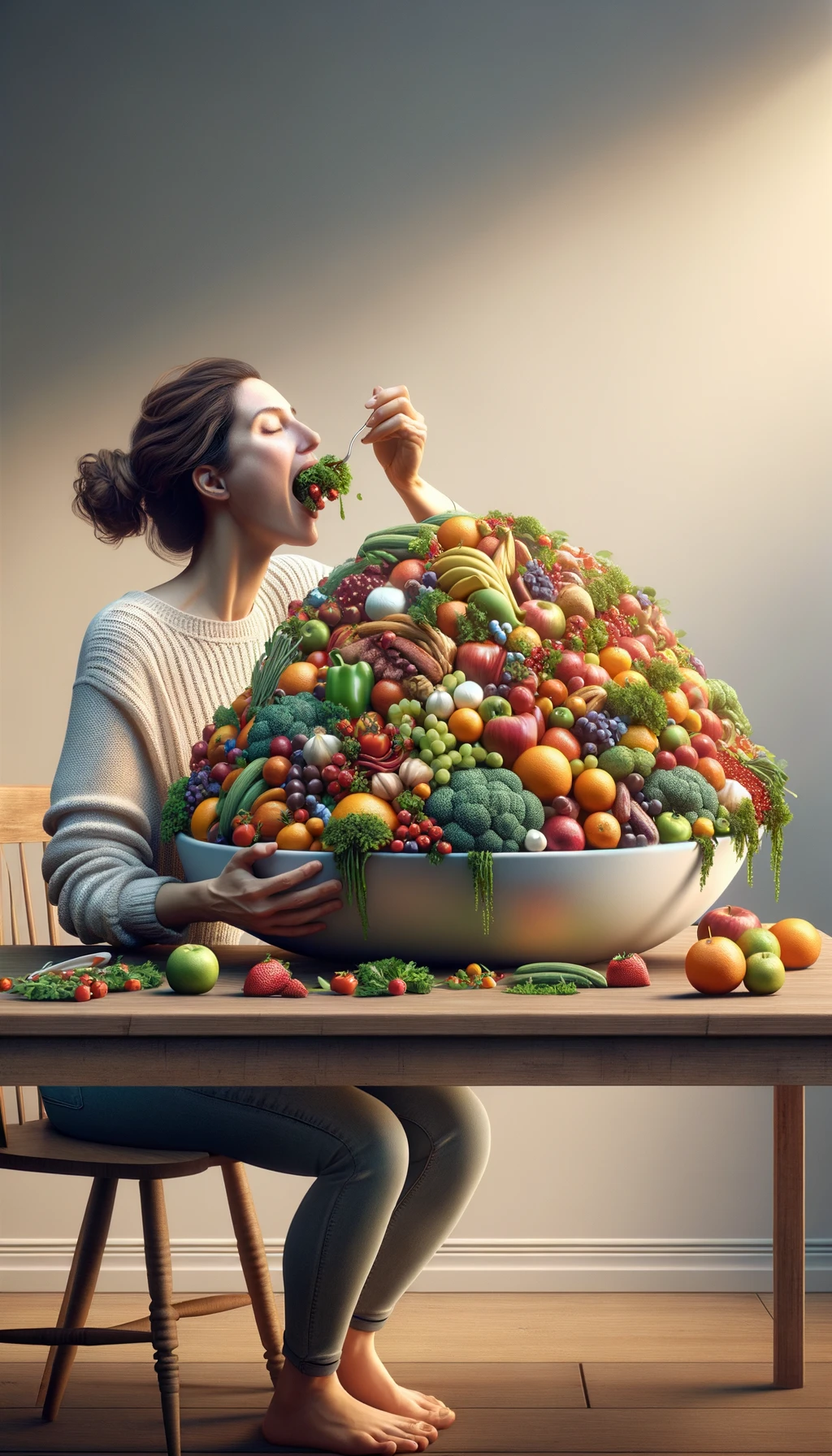 donna che mangia una montagna di frutta e verdura, SFONDO CHIARO NEUTRO, colori realistici, iperrealistico 4k emoji