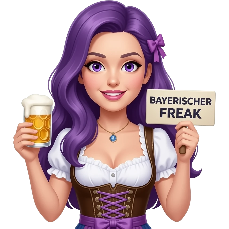 sexy girl with long purple hair and purple eyes wearing a dirndl holding a BAYERISCHER FREAK sign emoji