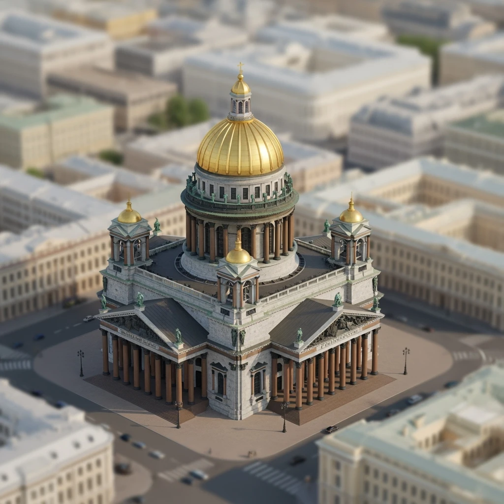 Изометрическая фотореалистичная иллюстрация Исаакиевского собора в Санкт-Петербурге с золотым куполом, классическая архитектура в упрощённой стилизации, баланс между стилизацией и реализмом, эффект рисованной миниатюры Tift shift, прозрачный фон. emoji