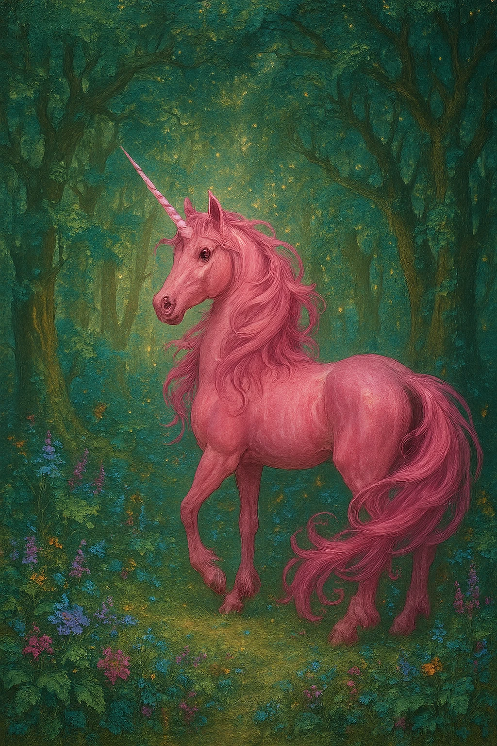 pink unicorn in a magical forest emoji