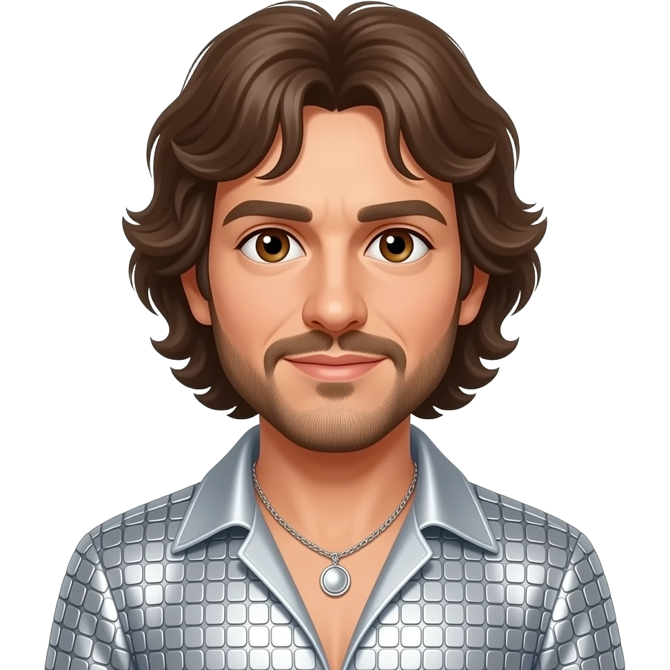 Maurice Gibb from Bee Gees with brown eyes, medium brown 1970s wavy hair and short beard, silver metallic disco outfit, necklace emoji