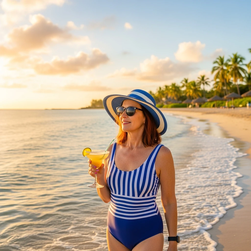 take this picture of a woman and make it  beach photo with drink emoji