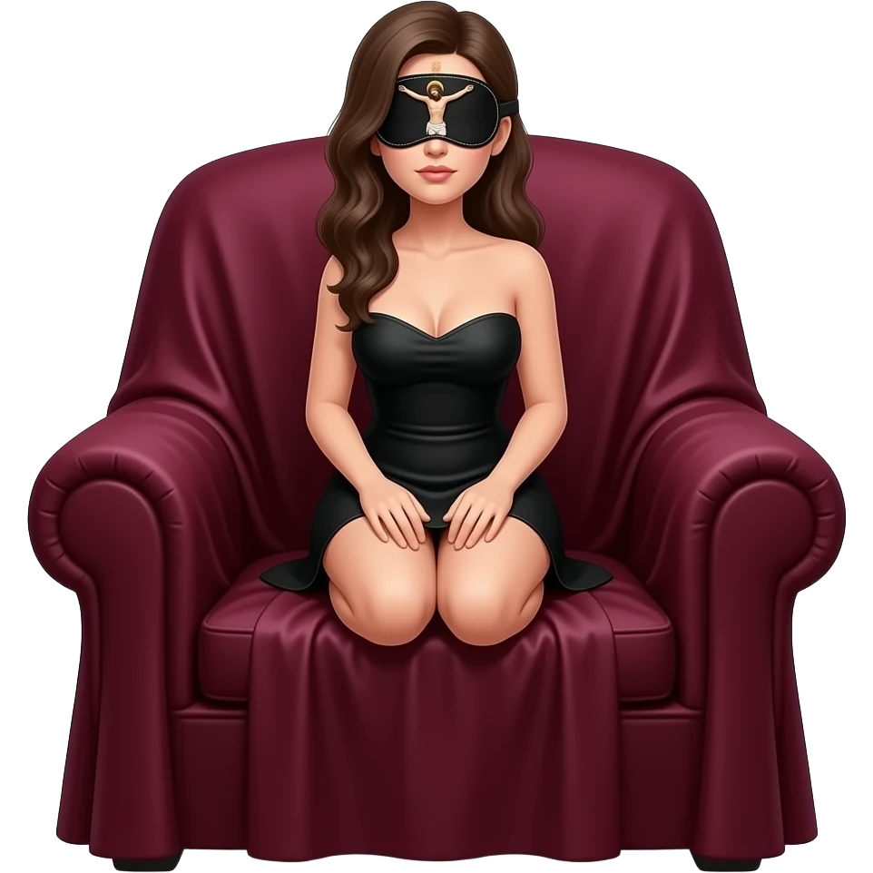 victorian style - The female realistic skinny figure is in a crouching on the armchair covered with heavy bordo fabric. The most prominent detail is the black eye mask with a small figurine of the crucified Jesus sewn between the eyes emoji