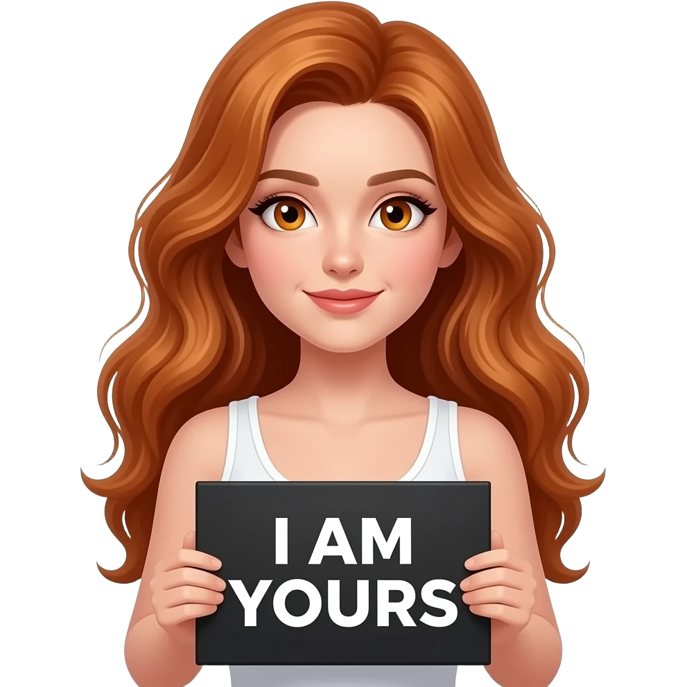 sexy girl with long wavy ginger hair and ginger eyes wearing a white tanktop is holding a black colored sign with I AM YOURS written on it emoji