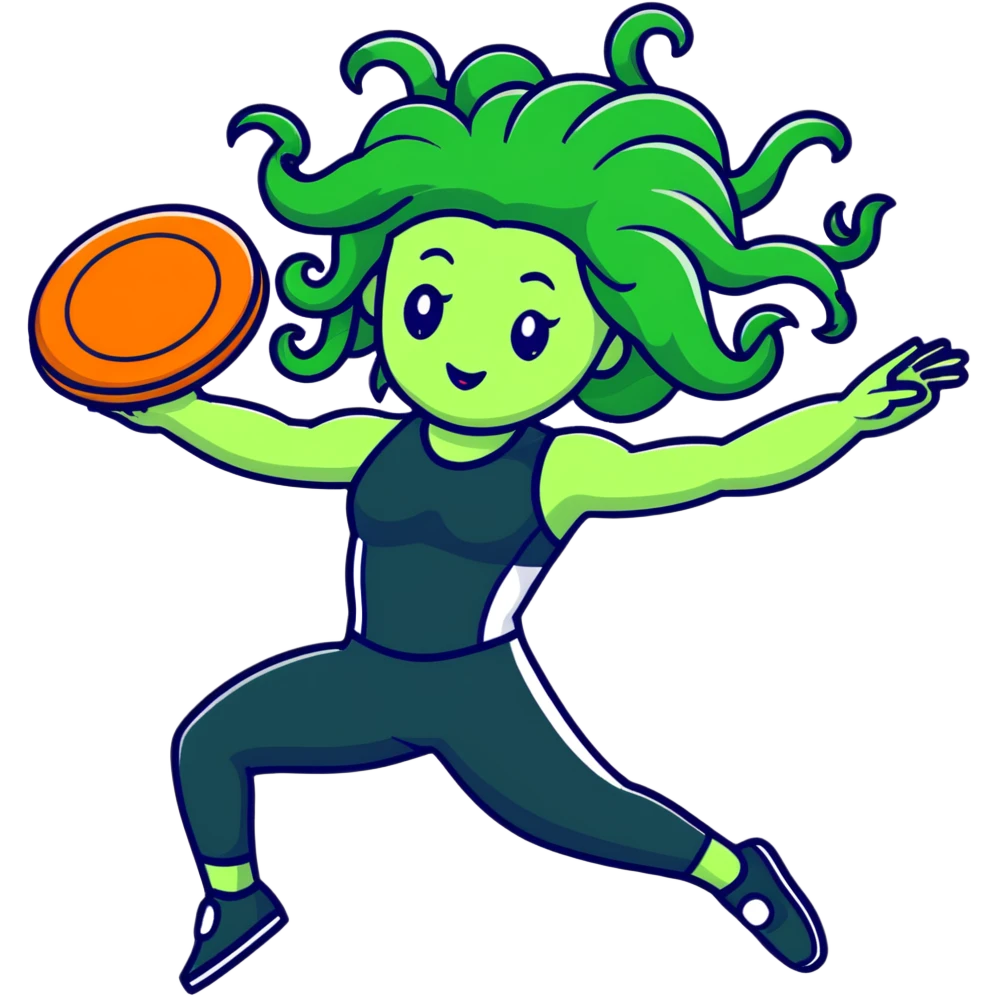 medusa, wearing an athletic outfit, throwing a frisbee to someone emoji