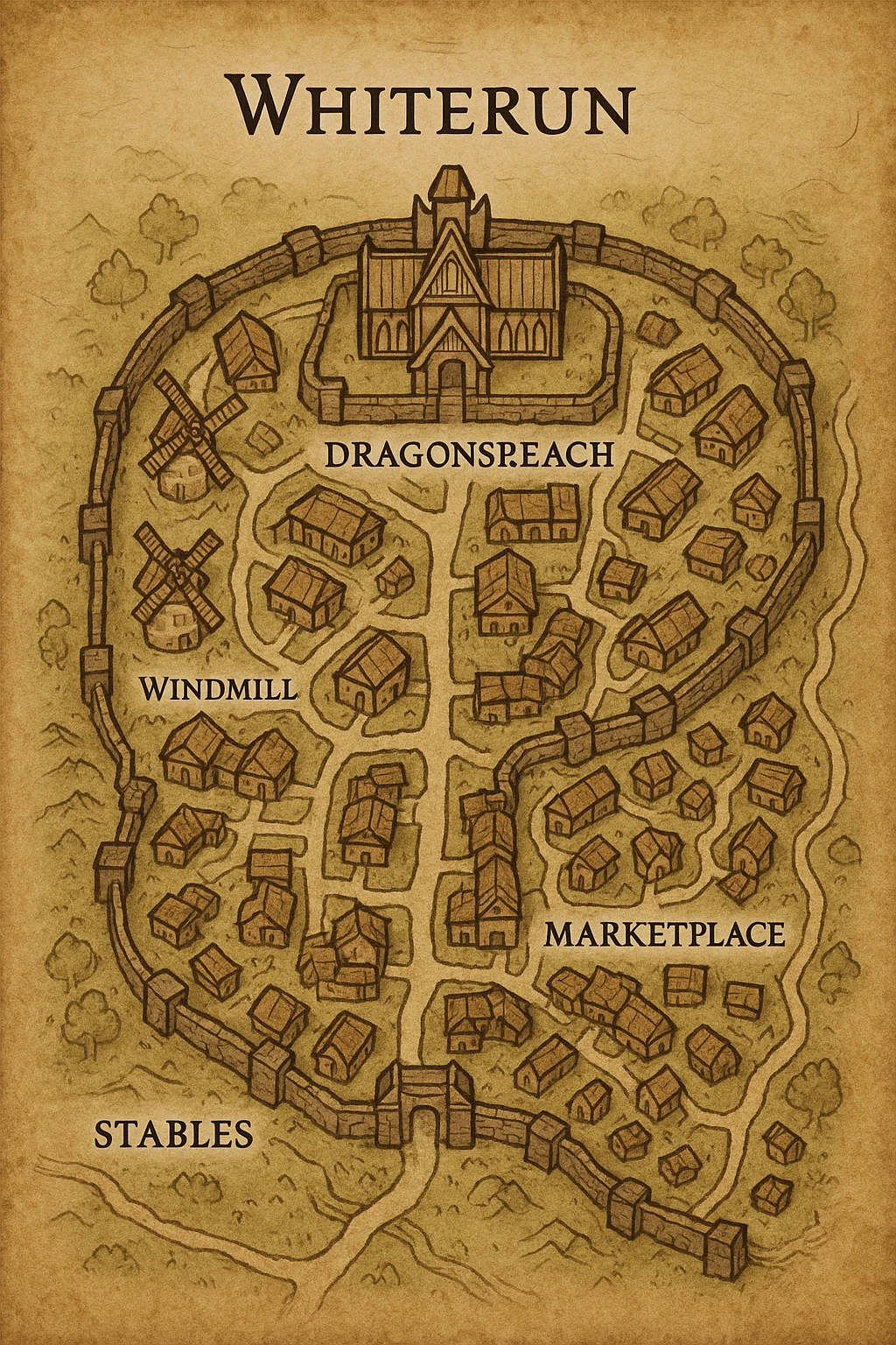 A vertical overhead map of the town of whiterun from skyrim emoji