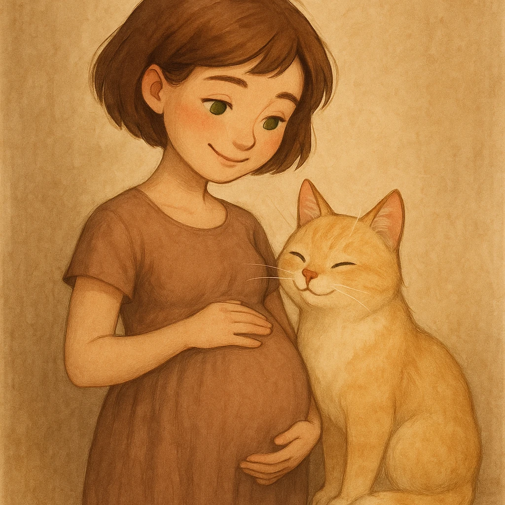 A pregnant girl with short brown hair and green eyes, standing next to a blonde cat. The girl is smiling and gently holding her belly, and the cat looks affectionate. emoji
