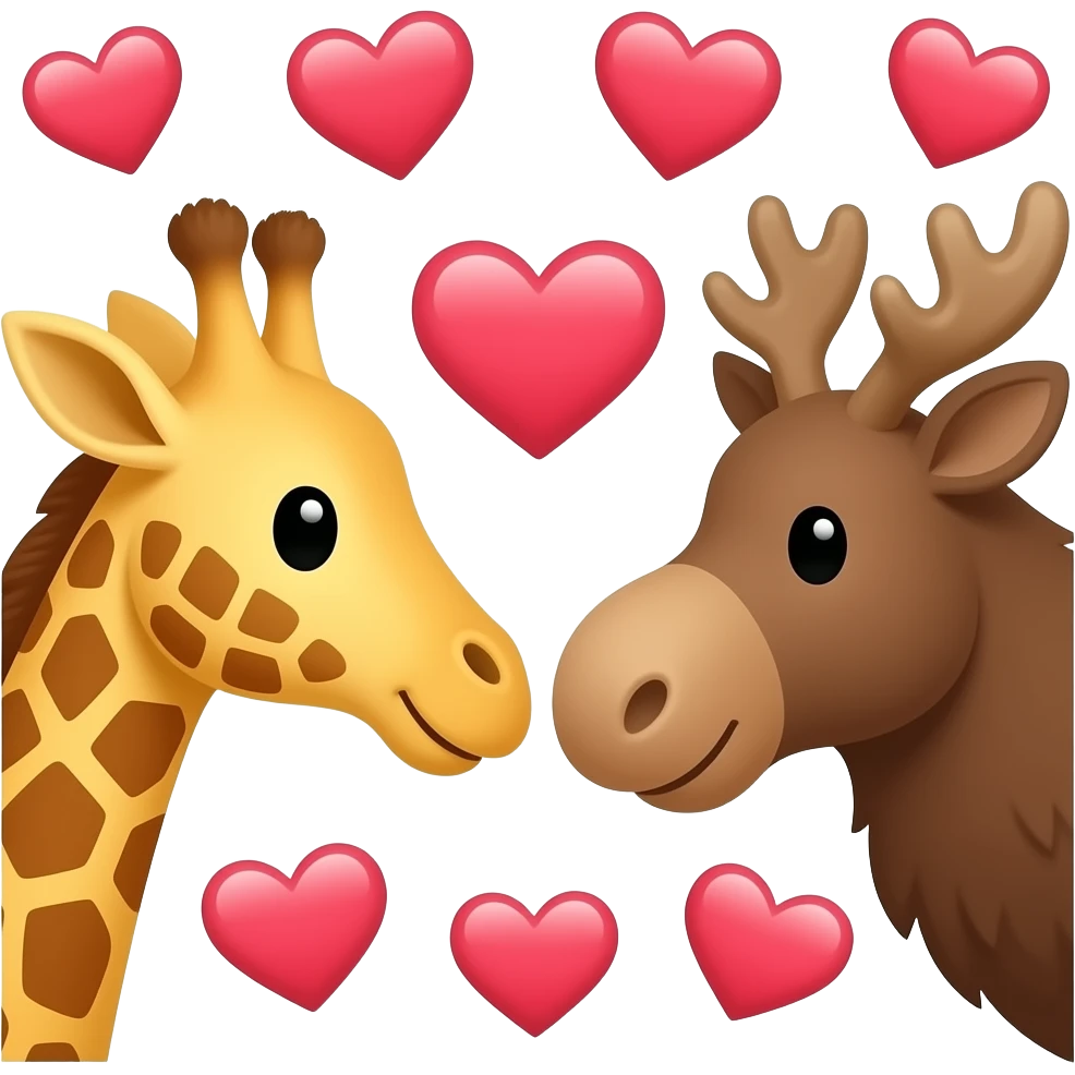 Einfacher Giraffenkopf und Elchkopf schauen sich an mit vielen Herzchen emoji