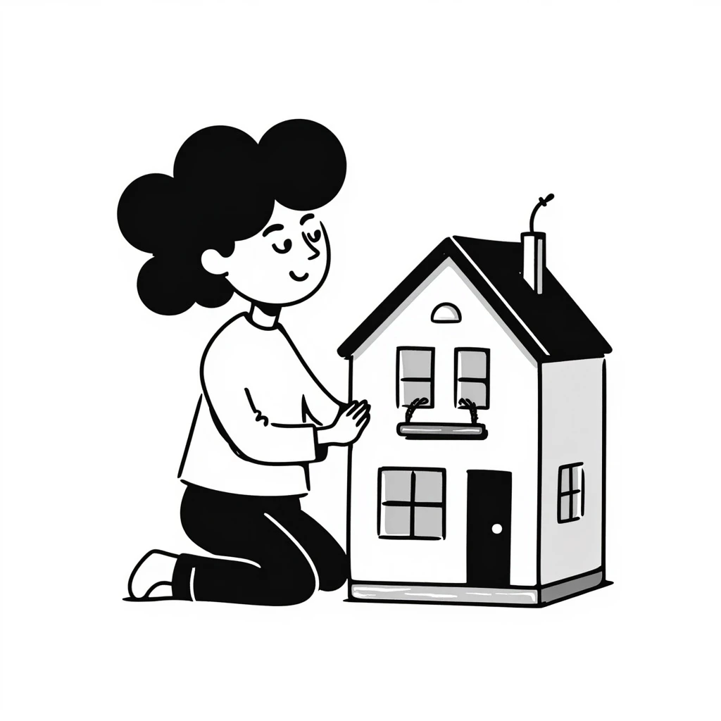 smiling girl arranging furniture in doll house emoji