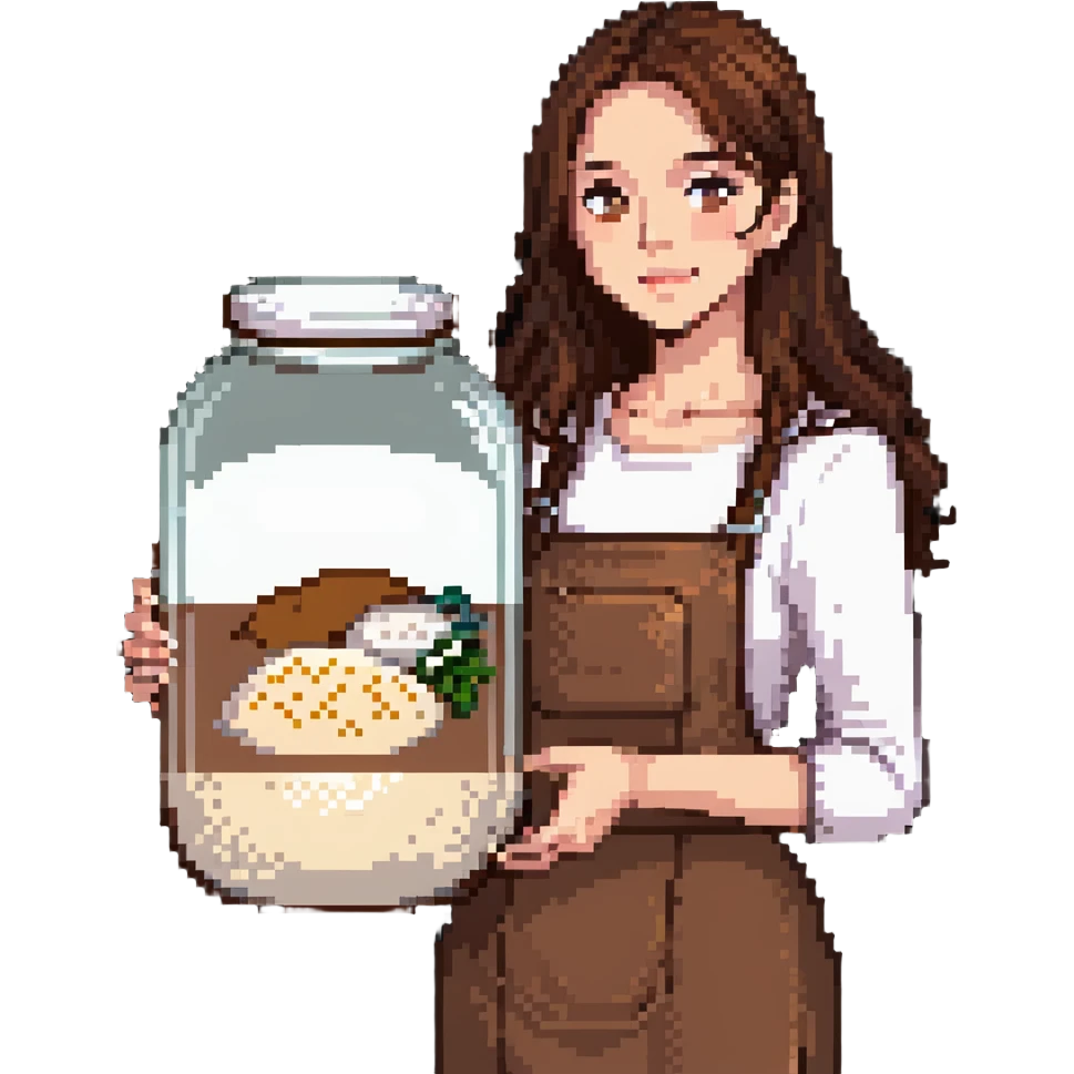 designer woman with brown hair holding a big glass jar of rice emoji