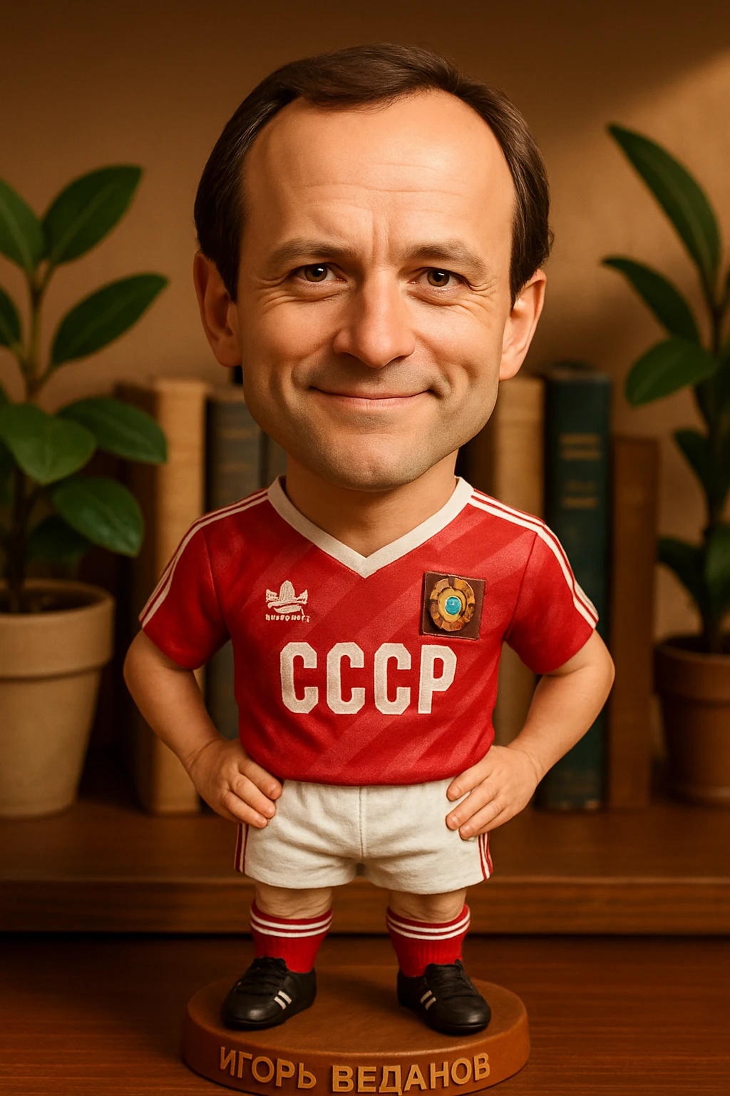 Игорь Беланов в форме сборной СССР 1986 года смотрит на прямо на зрителя и слегка улыбается, освещение с левой верхней стороны кадра emoji
