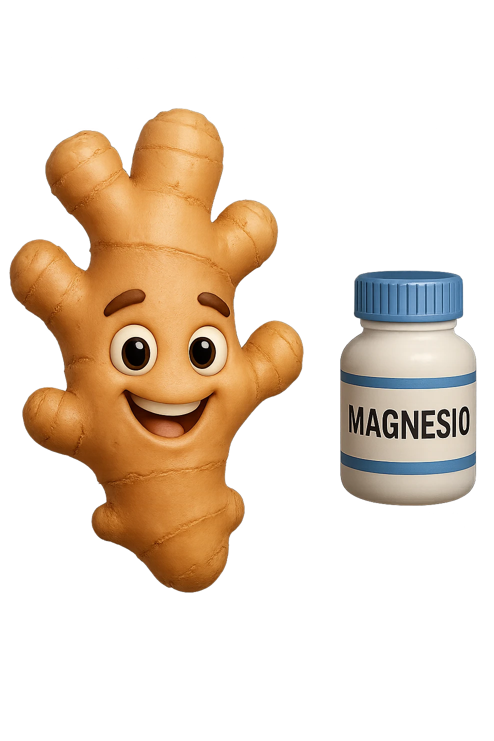 emoji stile iphone 3d di un pezzetto di zenzero e una boccetta di magnesio con la scritta "MAGNESIO" SULL'ETICHETTA CHE FLUTTUANO IN ARIA, iperrealistico 4k emoji