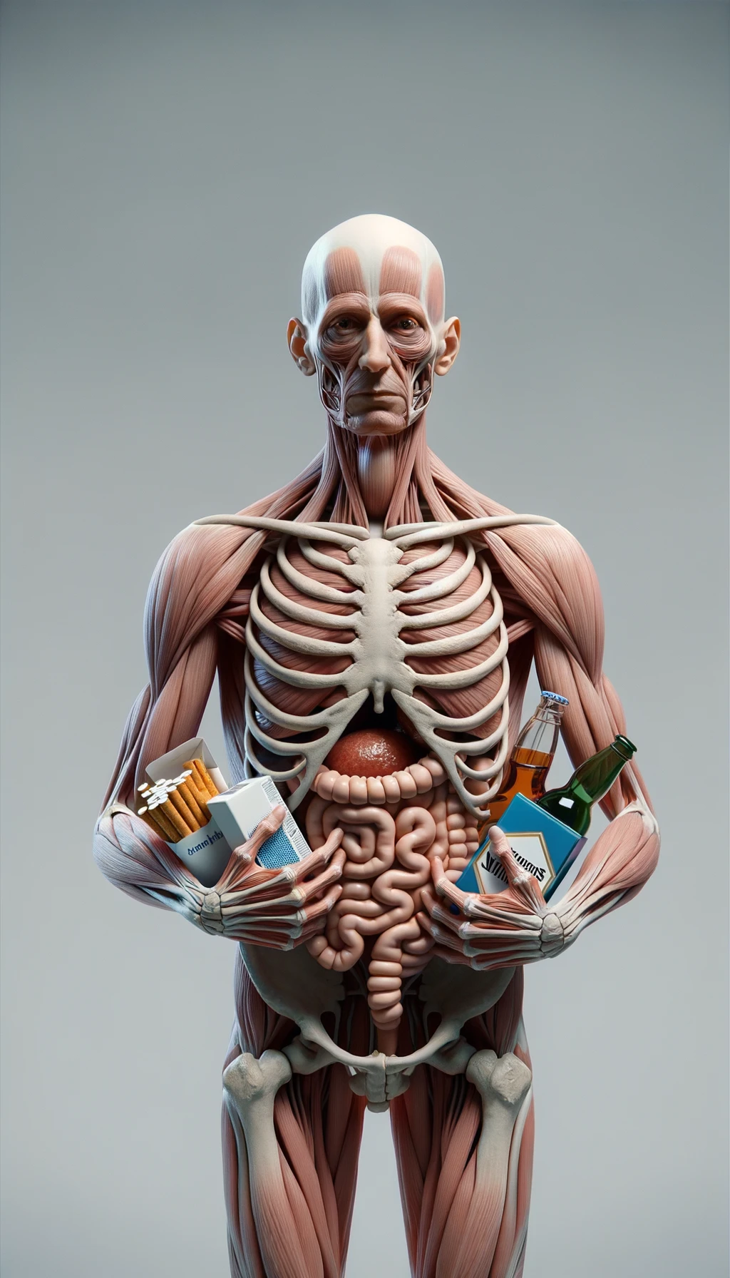 CORPO UMANO ANATOMICO CHE TRA LE BRACCIA SIGARETTE, ALCOL E WURSTEL CONFEZIONATI, LI GUARDA CON ESPRESSIONE INDECISA IN VOLTO, NEUTRAL CLEAR BACKGROUND, iperrealistico 4k emoji