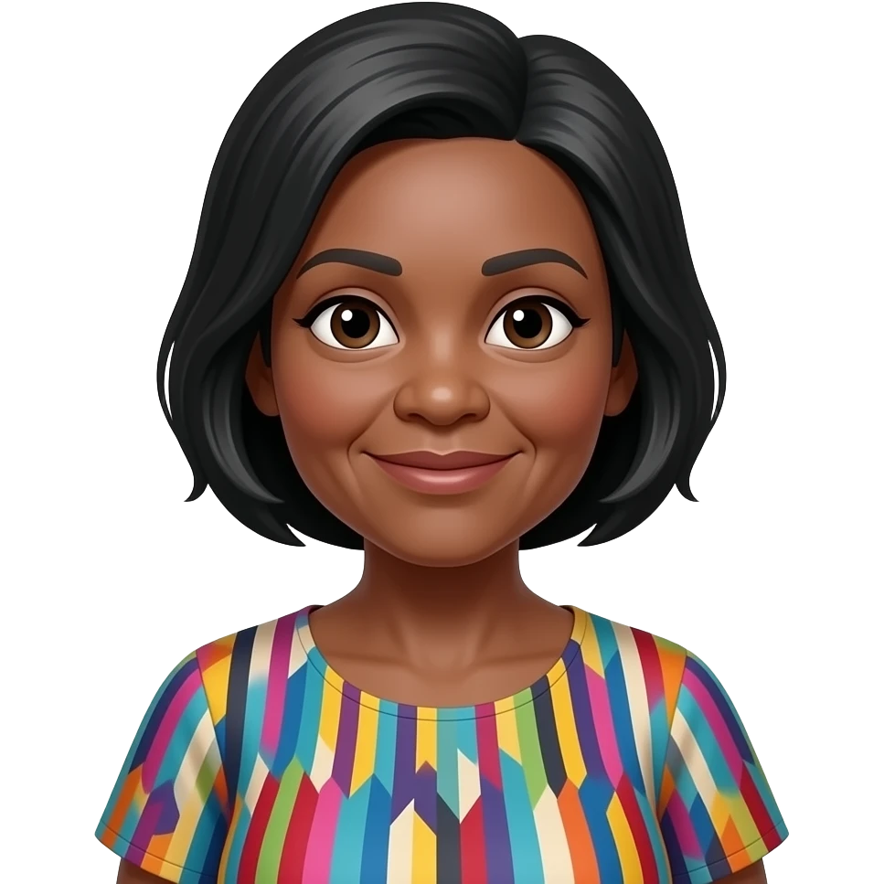 female, early 60s, round face, african decent, colourful blowse top, grey and black hair emoji