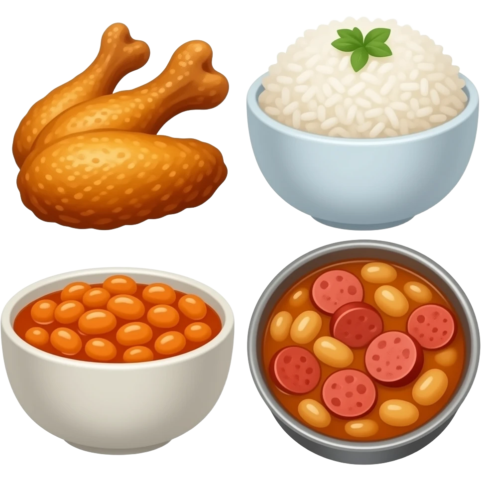 Fried chicken wings, a scoop of white rice, and baked beans with sliced sausages emoji