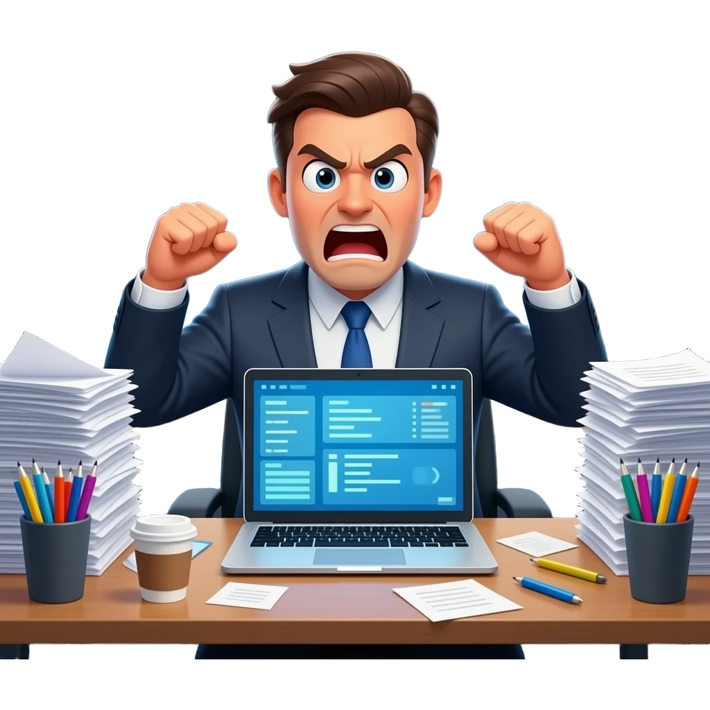 panicked business person, enraged with laptop and chaotic paperwork emoji