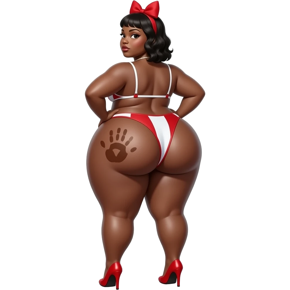 A tall really extremely fat heart shaped red and white big booty bbl African showing back its bikini and massively bog thighs and buttocks while putting her hands behind the wall and she has a brown colored hand print on her left buttocks and she with a red bow tie on her head wearing red high heels emoji