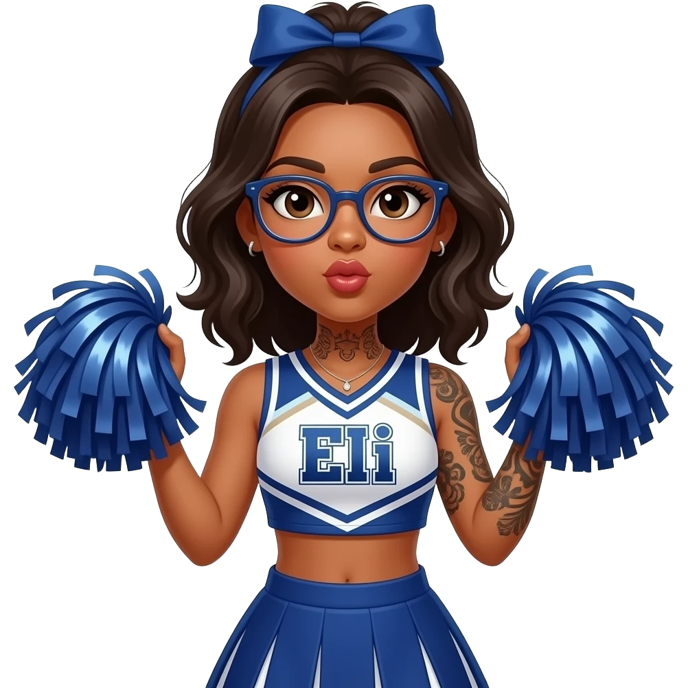 tan girl in cheerleader outfit that says “Eli,” with glasses and tattoos on her throat and arms, blowing a kiss with pompoms in her hands emoji