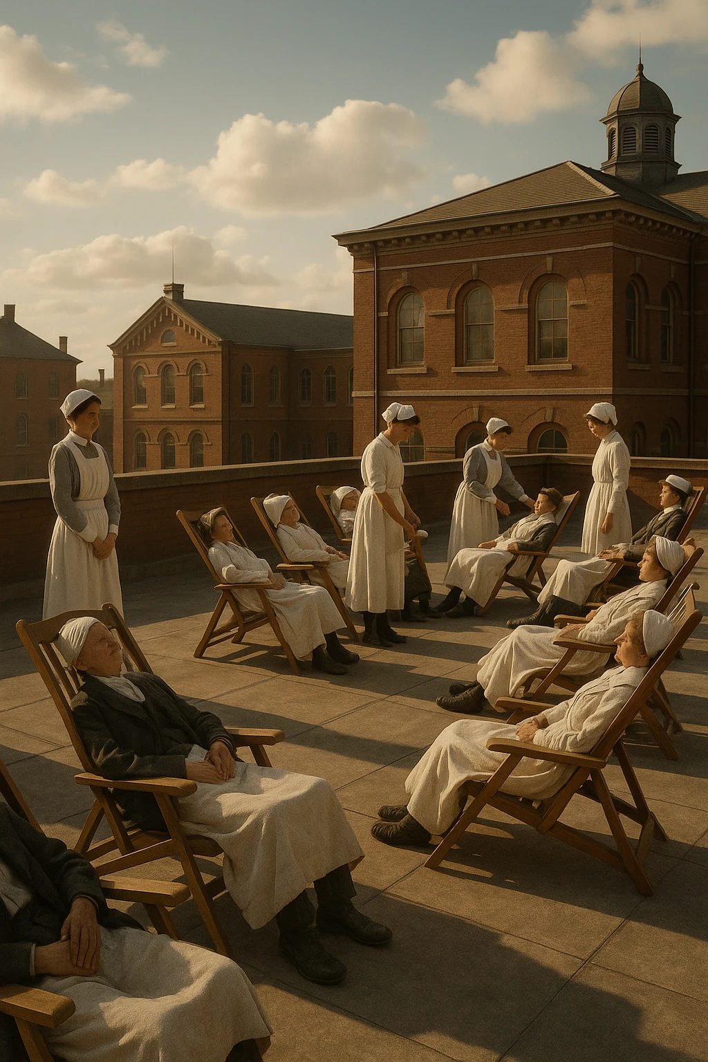A realistic cinematic image of a hospital rooftop solarium from the 1900s, patients sunbathing under nurse supervision for heliotherapy against tuberculosis and rickets.” emoji