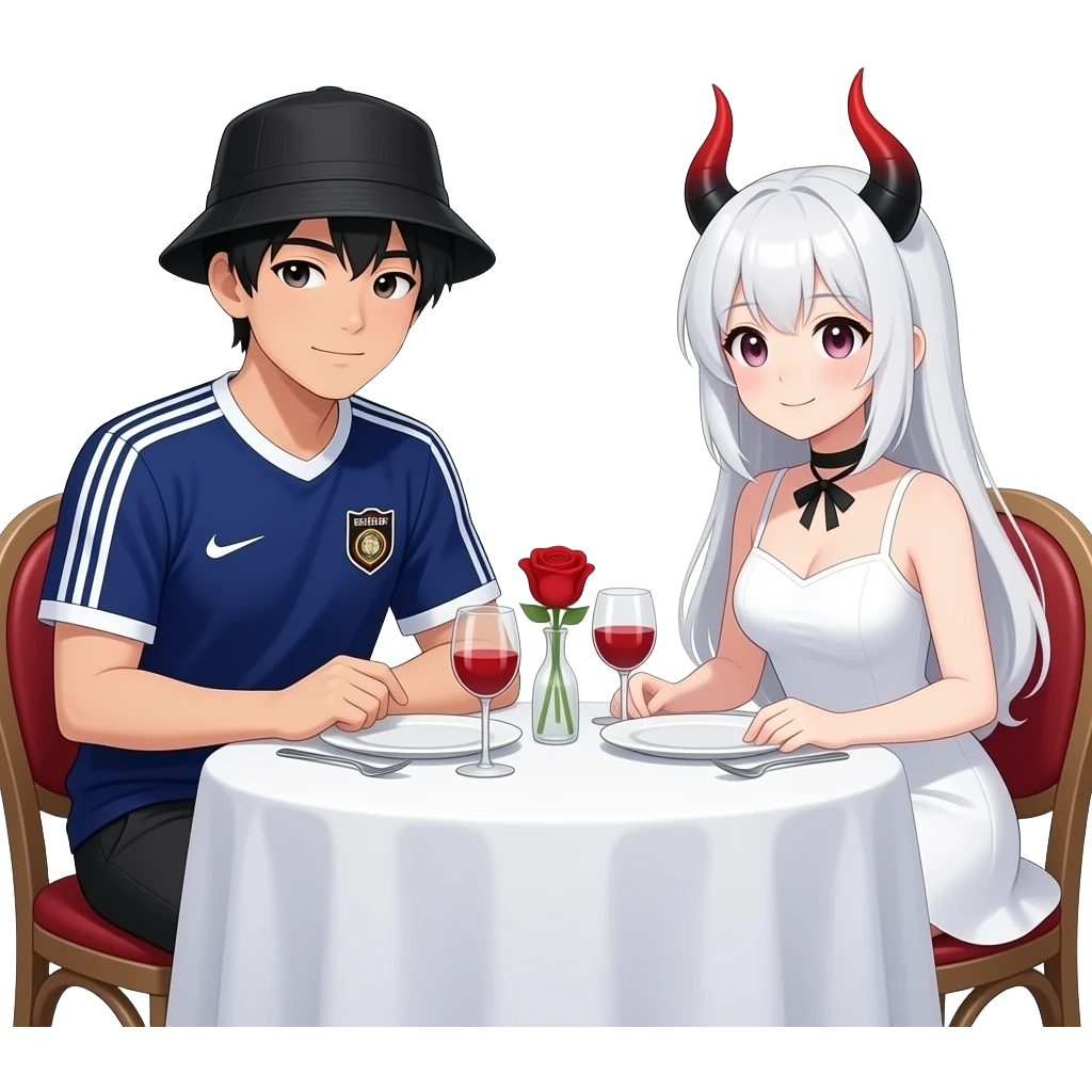 romantic date at a dinner table. The guy is asian an wears a black fishing hat and a dark blue soccer tricot. The girl is dressed as an anime girl with a white wig, white dress and black-red horns emoji