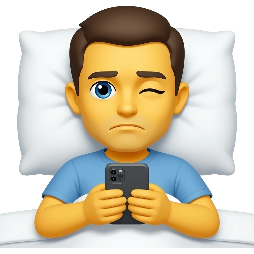 Yellow emoji face that looks tired with one eye open and one eye shut checking phone messages in bed emoji