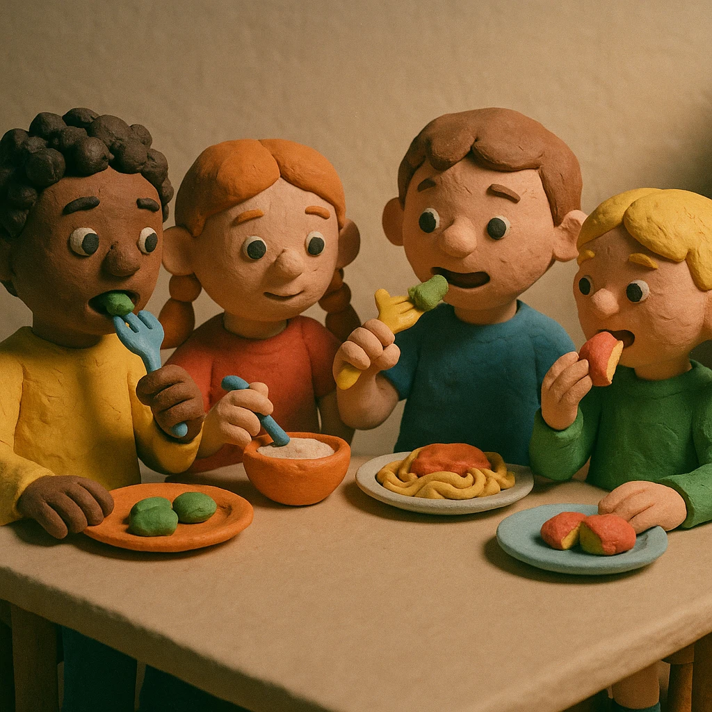 Children eating, matte, plasticine claymation with visible fingerprints and pastel colors. emoji