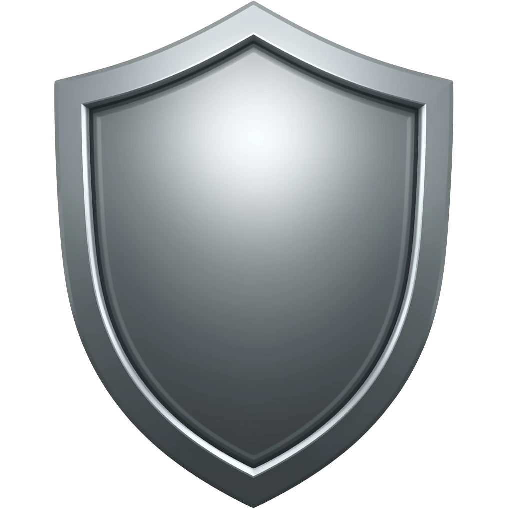 Minimalist flat icon, SCP style, shield with subtle geometric lines, gray metallic tone, strong and simple, transparent background emoji