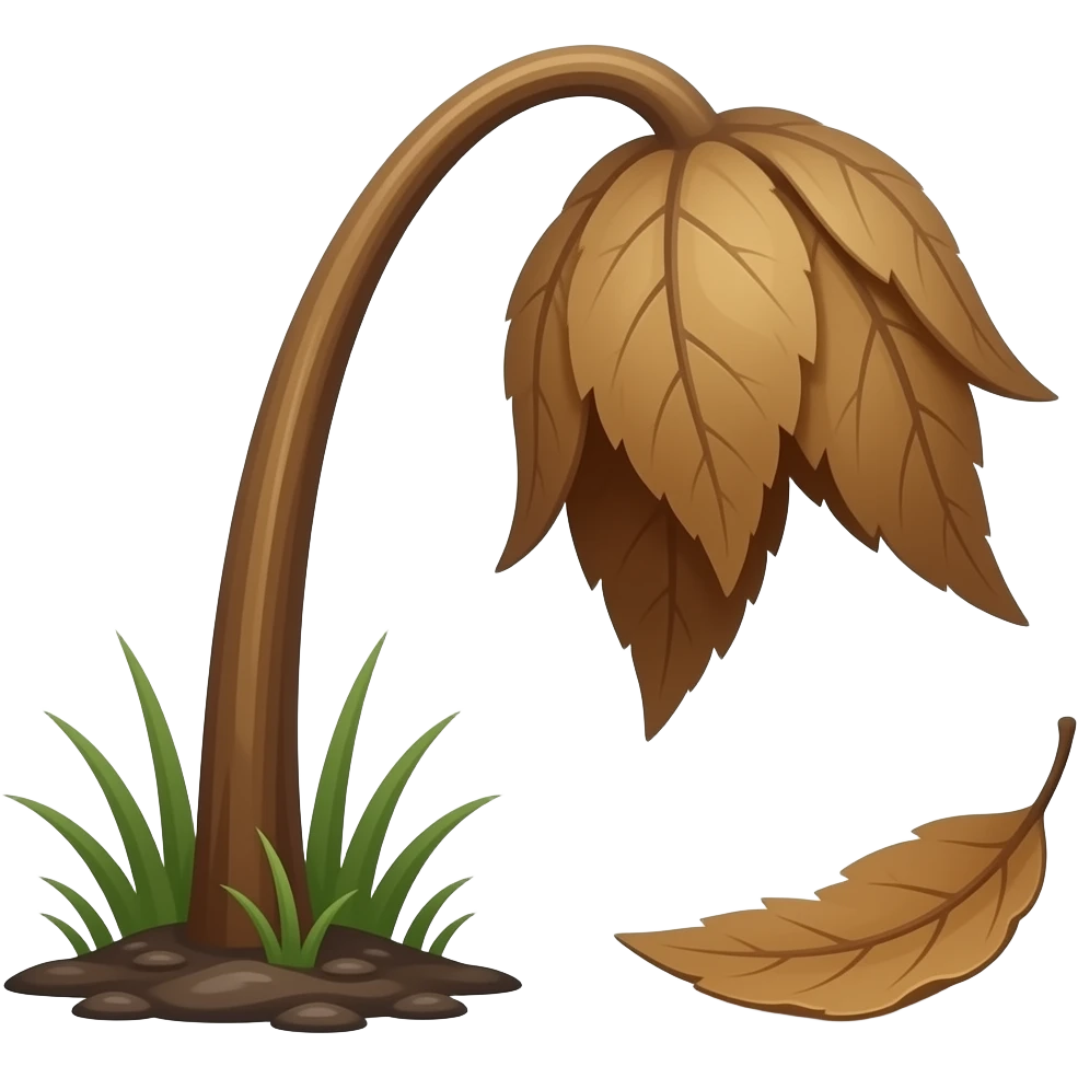 Wilted dead dark brown plant from the ground with leafs hanging and a leaf falling to the ground emoji