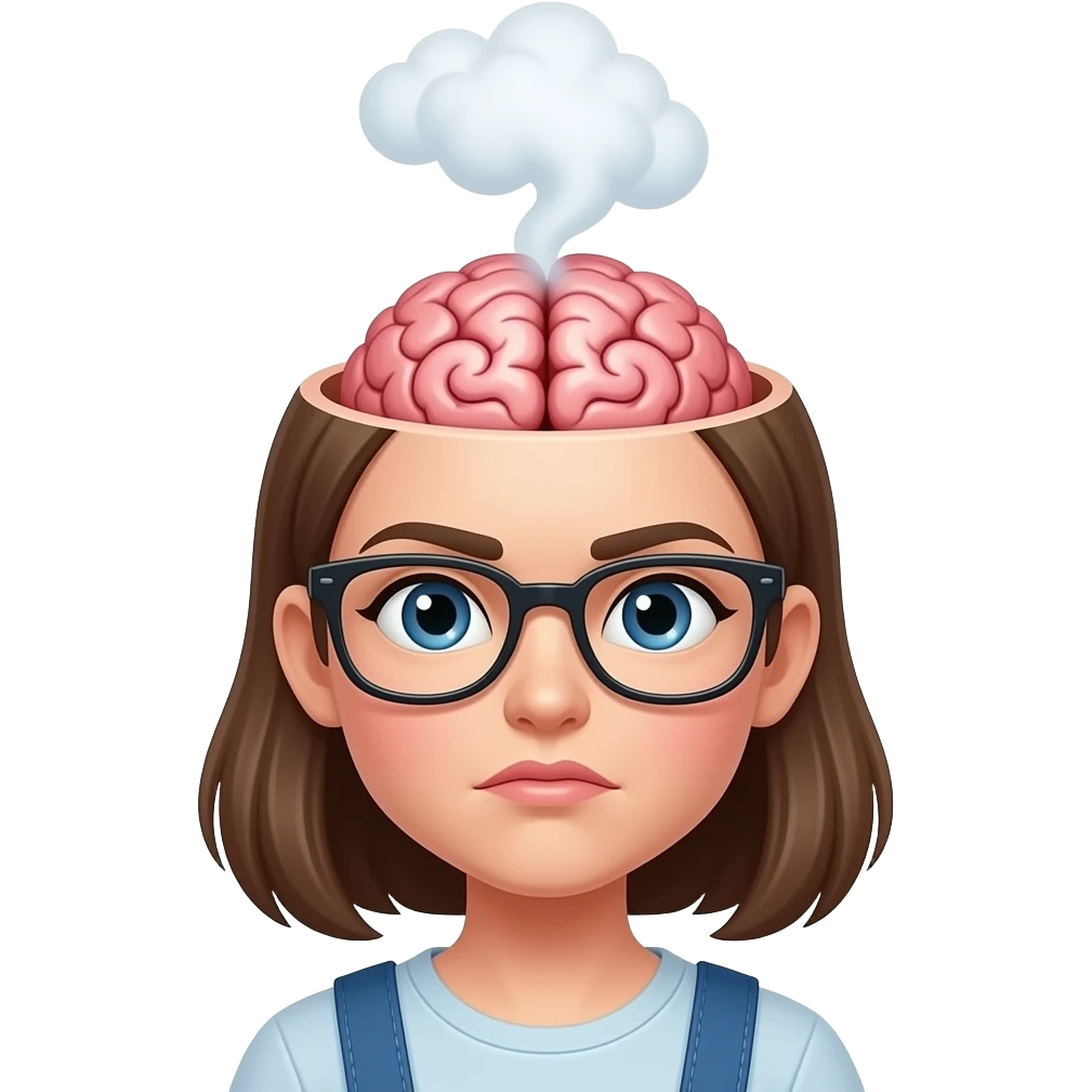 GIRL WITH UPPER HEAD OPEN WITH VISIBLE BRAIN AND STEAM FROM HER HEAD BUT MAKE HER FACE LOOK LIKE SHES HARD WORKING AND ADD GLASESSES emoji