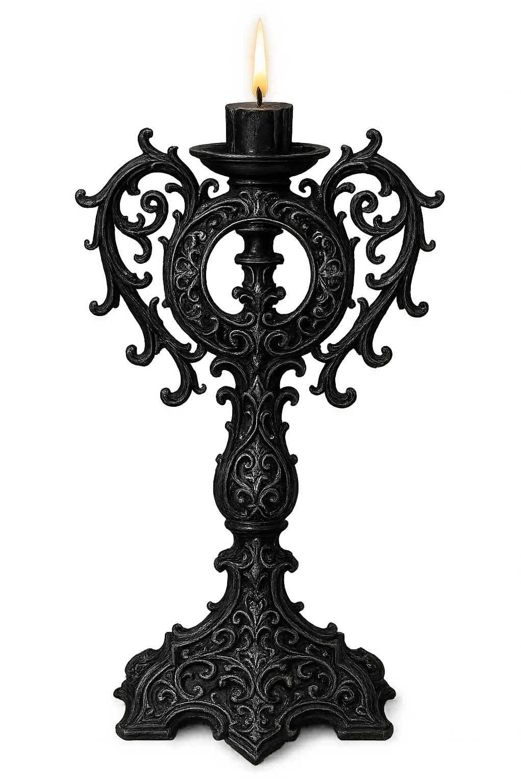 gothic candle holder, black with silver filigree, ornate and dramatic emoji