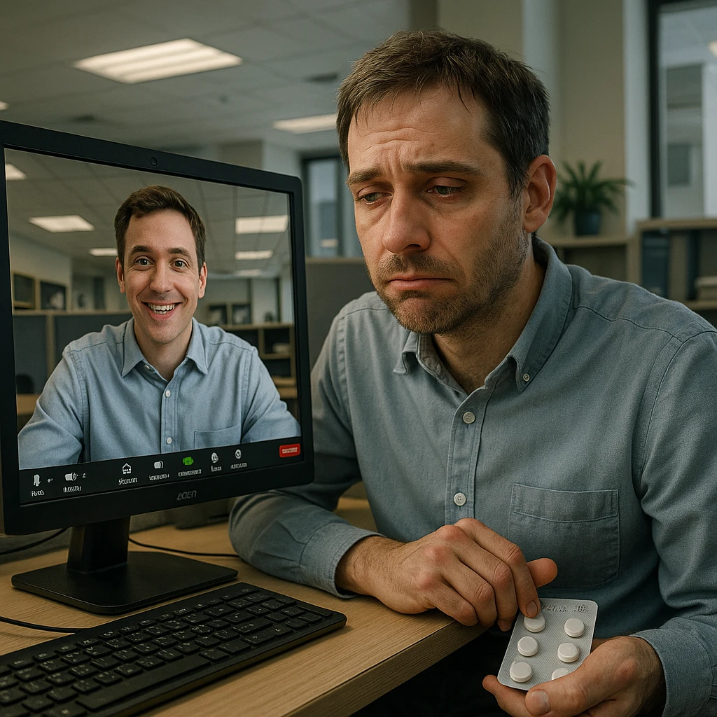 Man in his mid-30s, Zoom call, fake smile, hand under desk clutching caffeine pills, screen reflection reveals exhausted posture, virtual avatar upright and lively, hyperrealistic 4K, office environment emoji