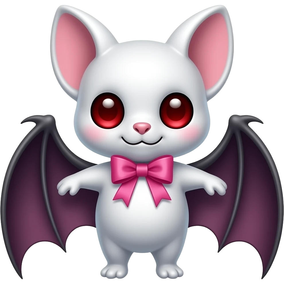 white, albino vampire bat cute, pink ribbon, red eyes emoji