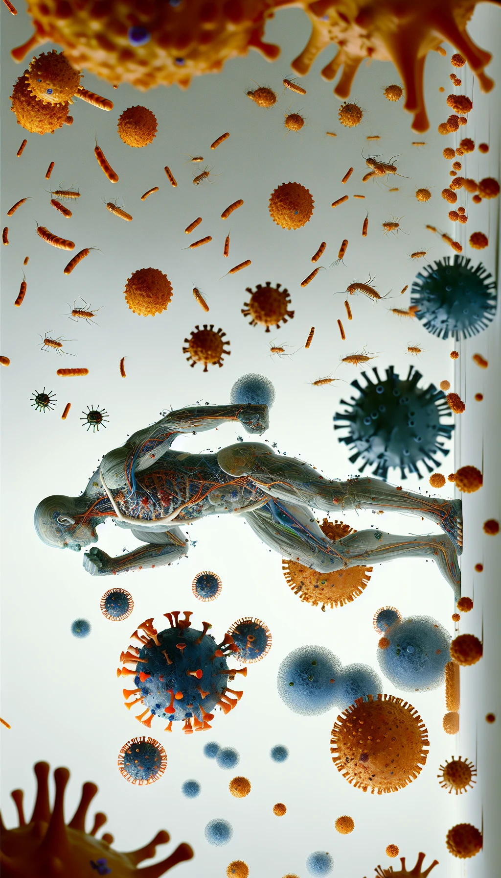 corpo umano anatomico di profilo con virus e parassiti che cercano di attaccarlo , isolato su sfondo bianco, iperrealistico 4k emoji