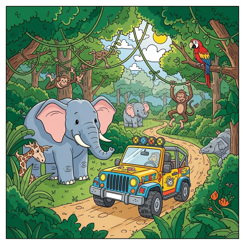 hand drawn digital illustration of jungle safari in the style of children's illustration emoji