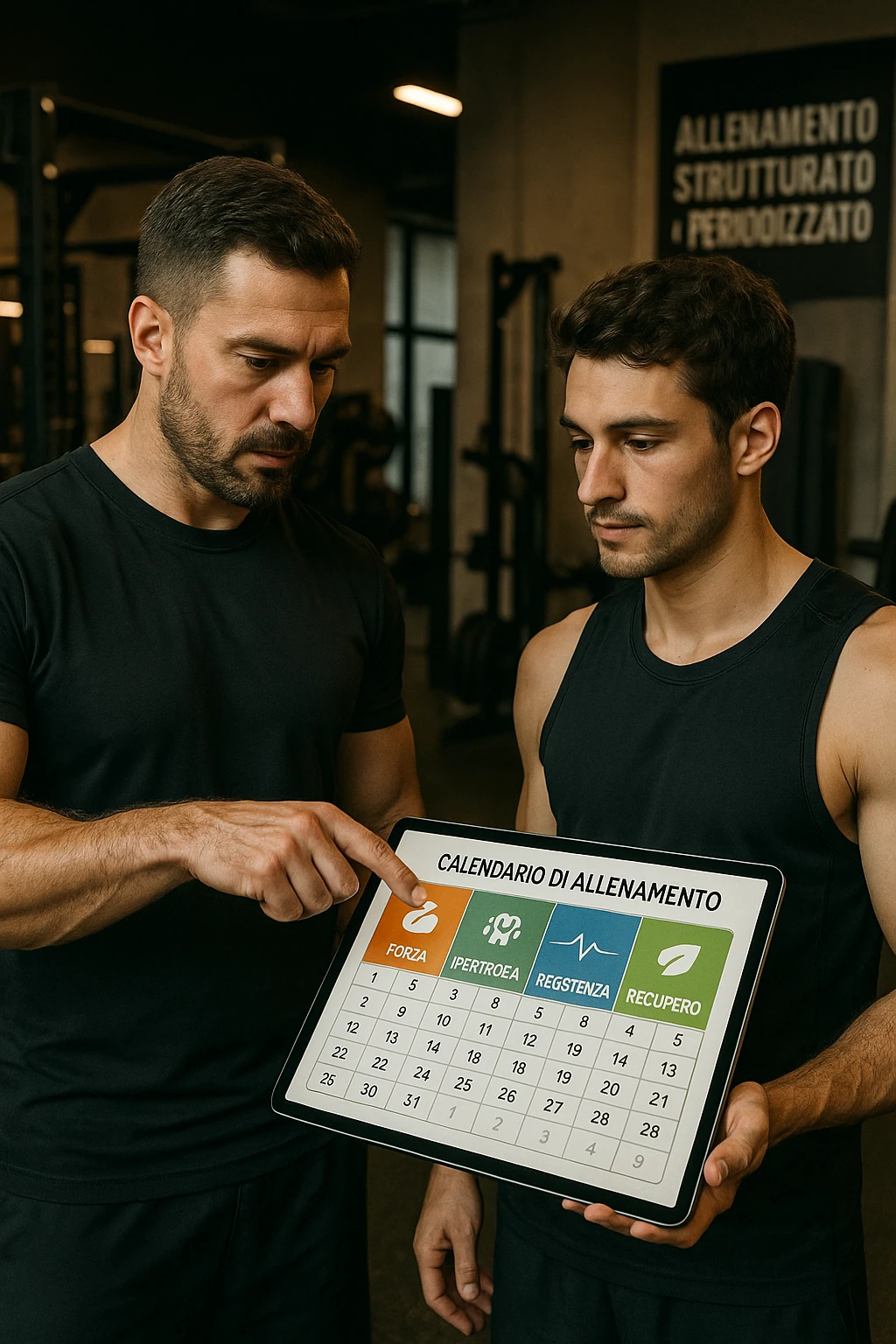 realistic cinematic photo a personal trainer and a client stand in a modern gym, reviewing a large, color-coded training calendario or chart on a tablet. The calendario shows different phases (Forza, Ipertrofia, Resistenza, Recupero) with icons and dates. Around them, gym equipment and motivational posters reinforce the idea of structured, periodized training. in italiano emoji