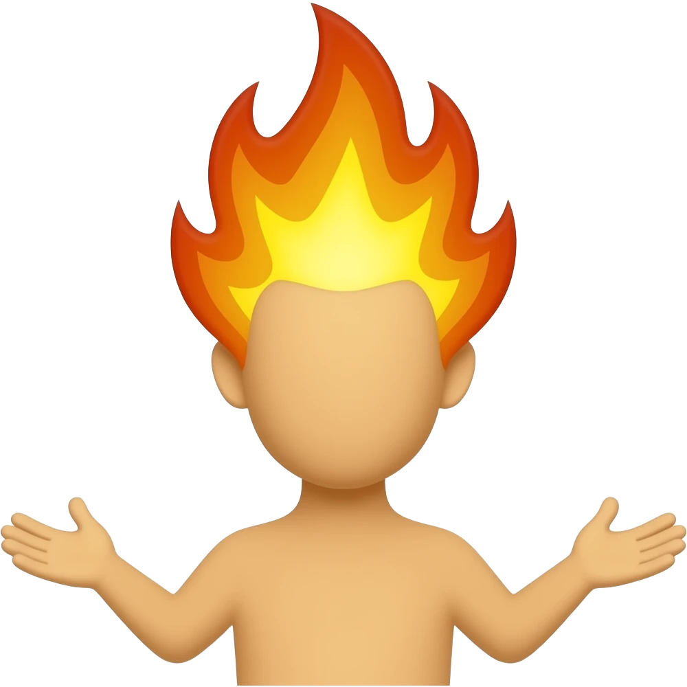 classic yellow-head yellow-head iconic emoji (no neck or torso), hair on fire (yellow to dark-oange flames), with hands (no arms) spread out to each side, from behind emoji