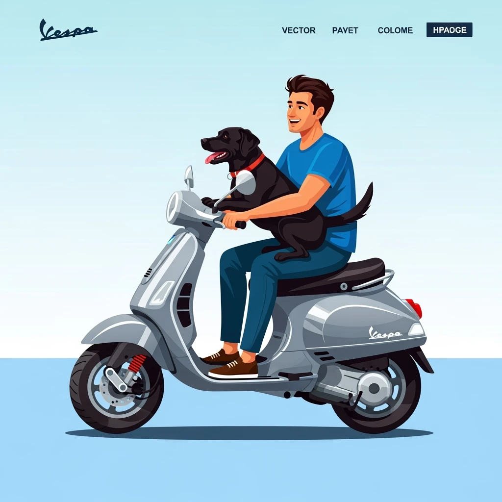 vector art of a man and his pet dog riding a vespa, for website design  emoji